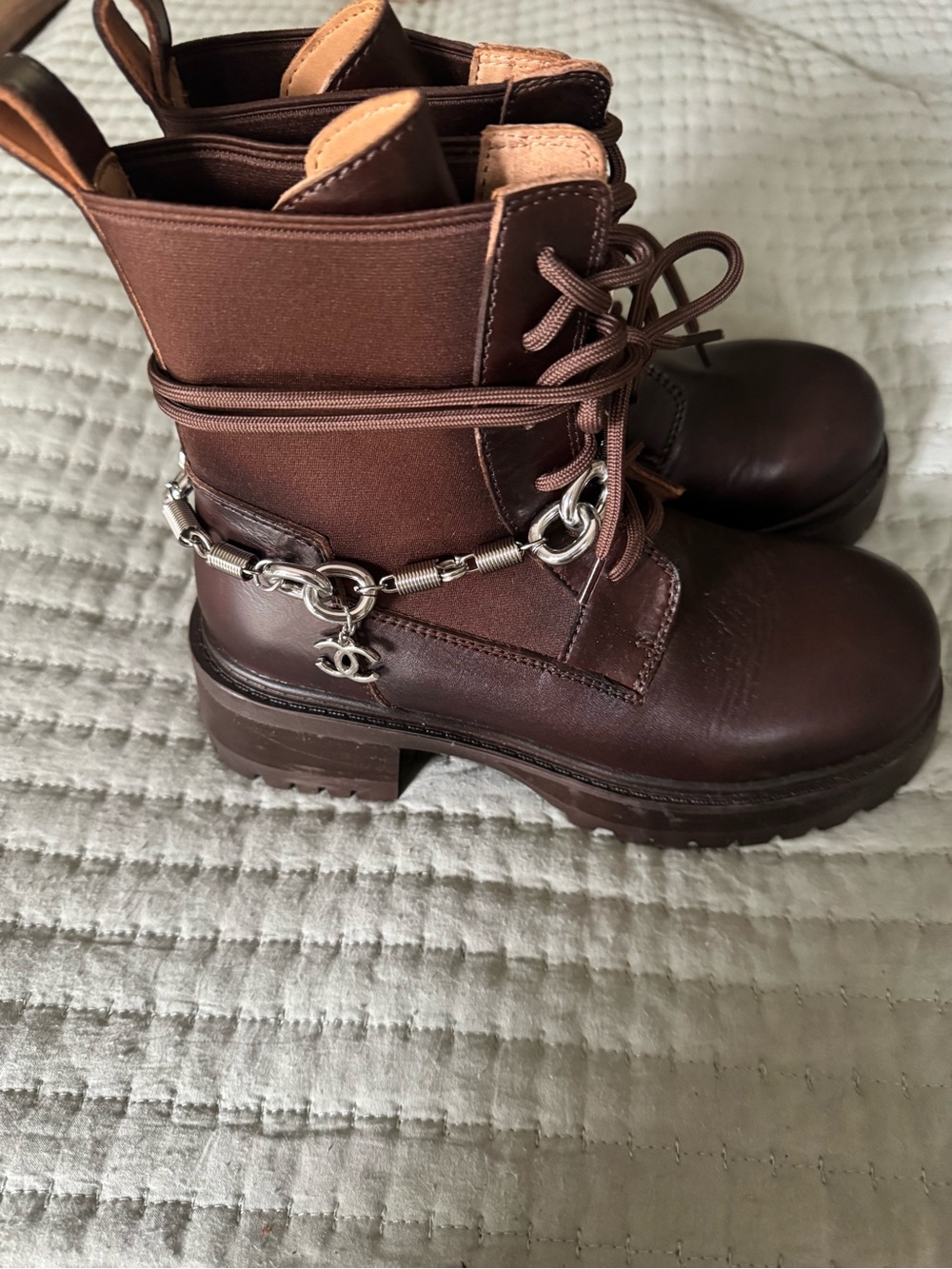 Brown Leather Ankle Boot with Silver Chain Accent 36 / 6 NEW